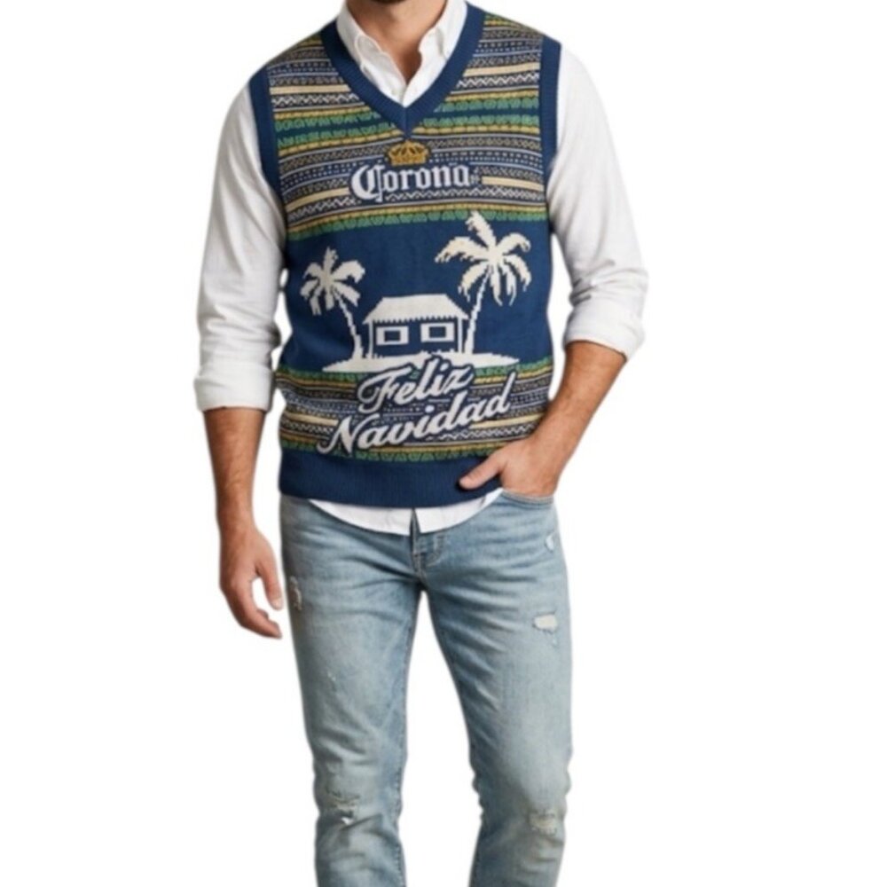Corona Feliz Navidad Beer Themed Tropical Ugly Christmas Party Sweater Size XL